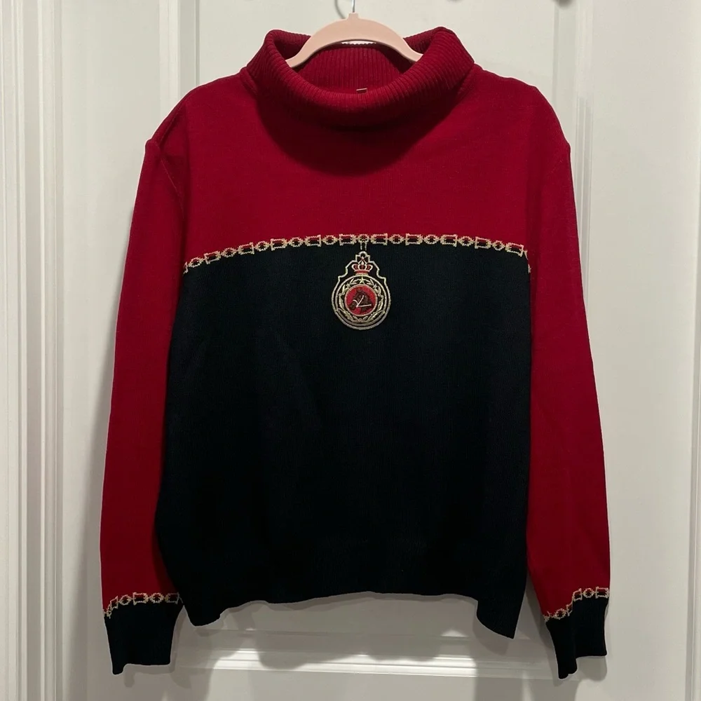 St. John Wool Equestrian Colorblock Turtleneck Sweater Red Black Size Large - Picture 2 of 7